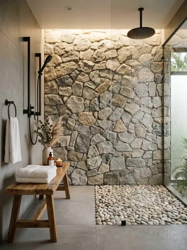Spa Bathroom Ideas: stone shower with pebbles and wooden bench