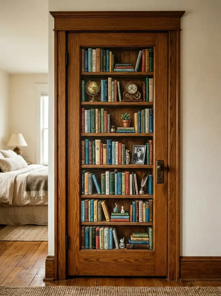 Trompe-l'œil bookshelf door painting ideas with realistic painted books on wooden interior door