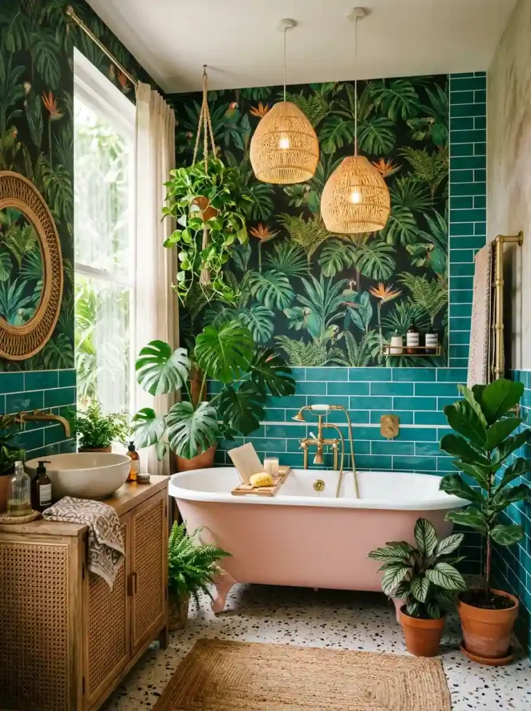 Funky Bathroom Ideas with tropical jungle wallpaper