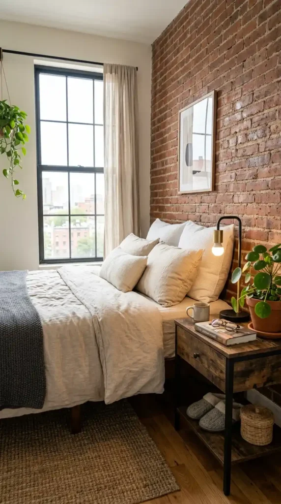 Chic bedroom with brick wall, neutral bedding, and natural lighting