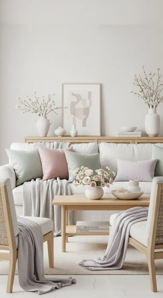 soft pastel Easter decor with neutral living room and elegant spring accents