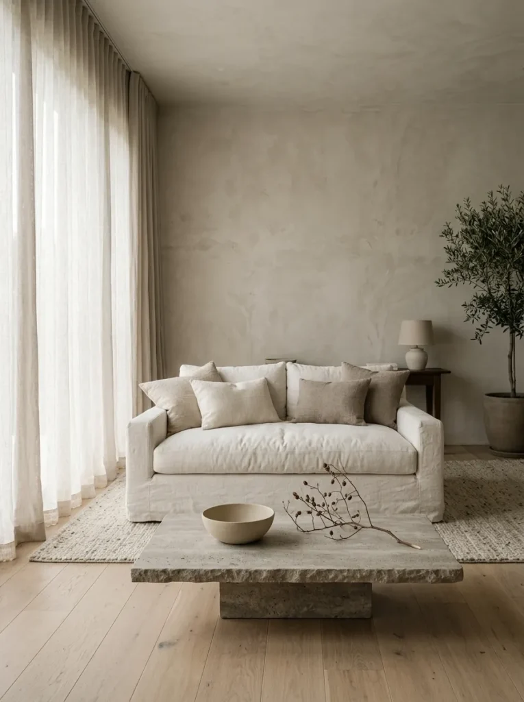 A calm, minimalist living room with layered neutral tones for a slow living home.