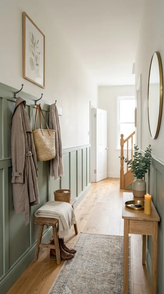 Hallway with sage green wainscoting and wall hooks decor