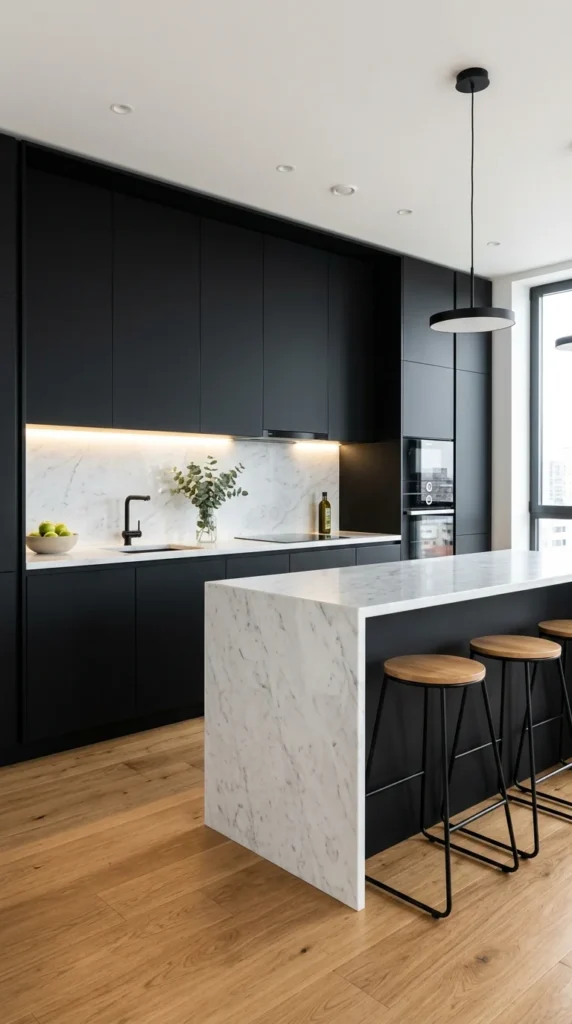 Modern black and white kitchen with island seating and minimalist design