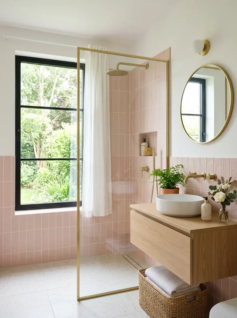 Soft pink bathroom with gold fixtures, minimalist design, and greenery accents