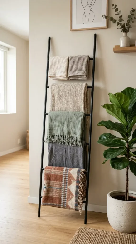Vertical hanging ladder used for towels and blankets in modern minimalist home decor