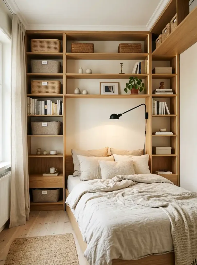 A space-saving vertical storage layout for a small bedroom, visualized via a professional bedroom layout planner.