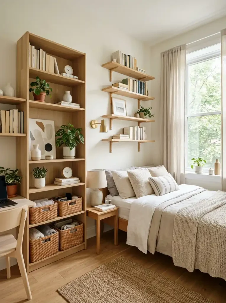 Vertical shelves for Small Bedroom Storage Ideas