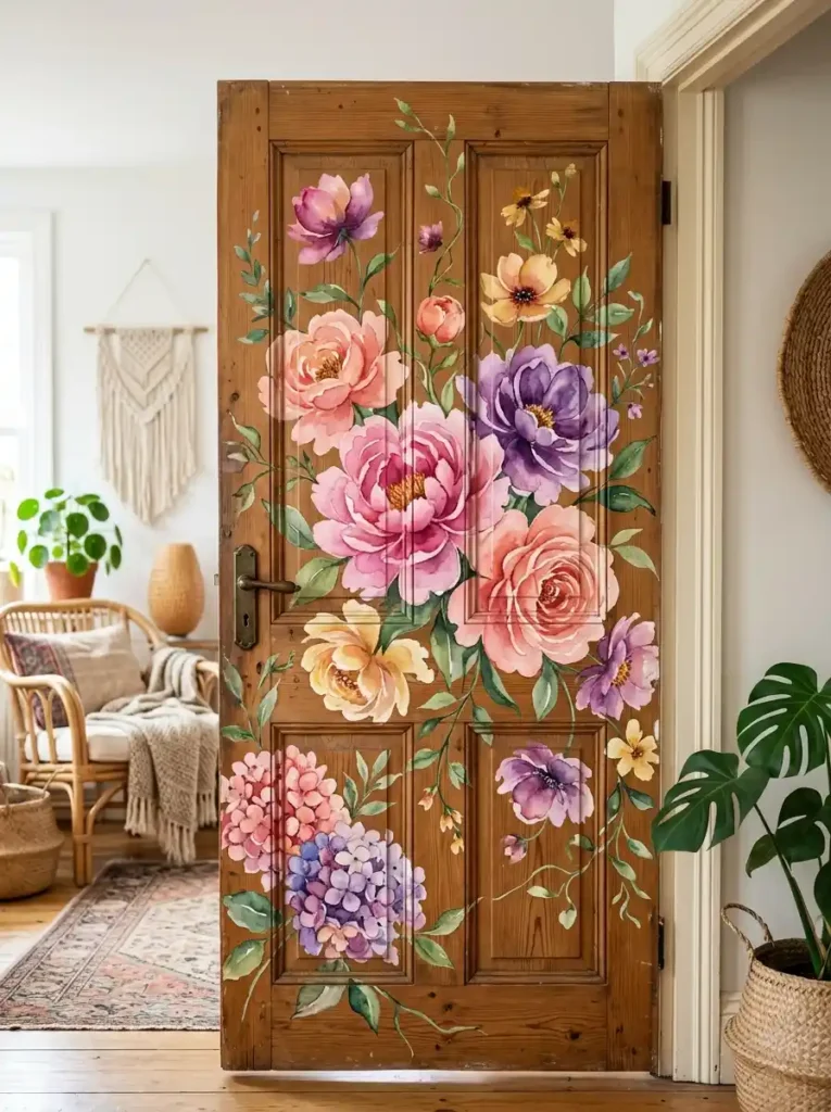 Watercolor floral door painting ideas with oversized blooms on wooden interior door