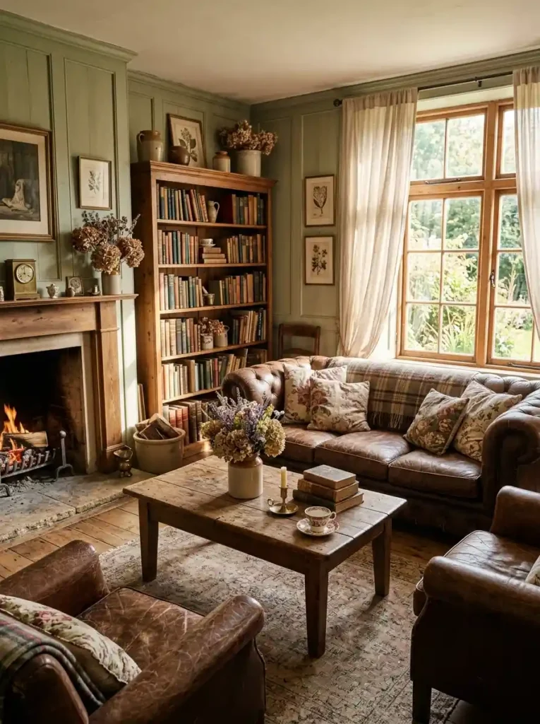 Earthy Cottage Living Room with green walls and vintage decor