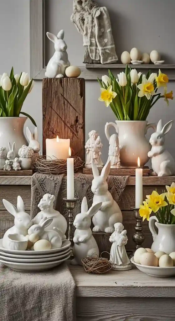 vintage-inspired Easter decor with ceramic bunnies, spring florals, and candles
