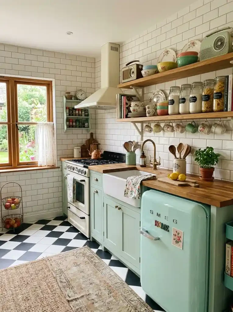 Vintage green kitchen with mint fridge and checkerboard floor – Green Kitchen Ideas