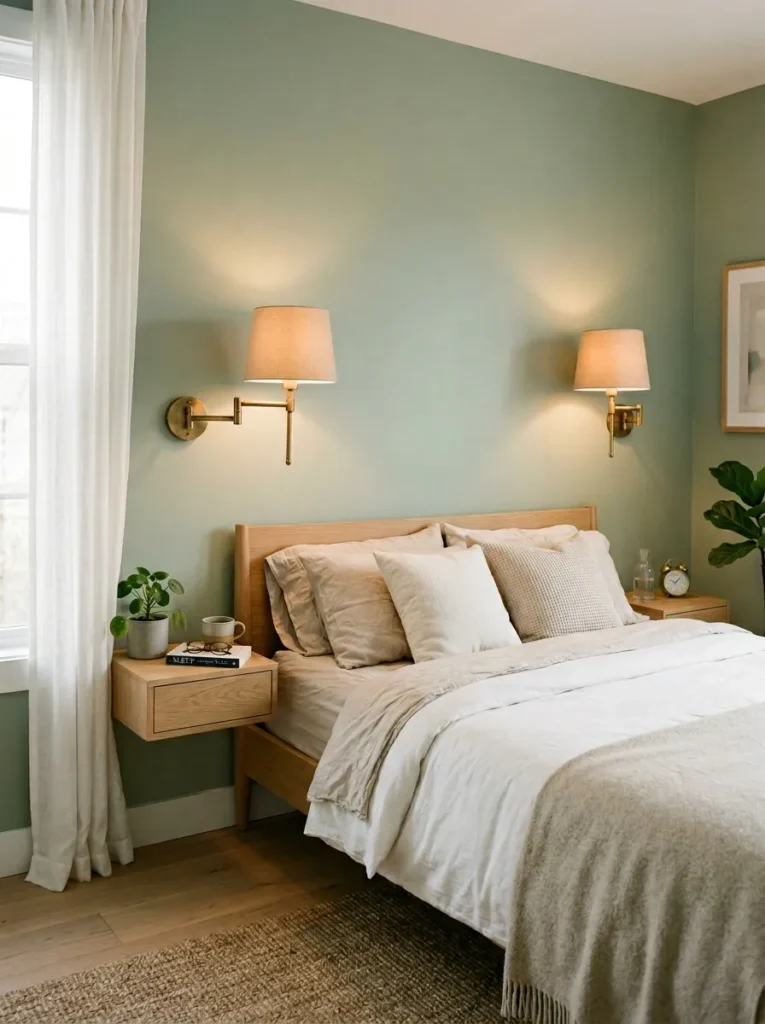 A space-saving bedroom layout planner solution using wall-mounted sconces instead of table lamps.