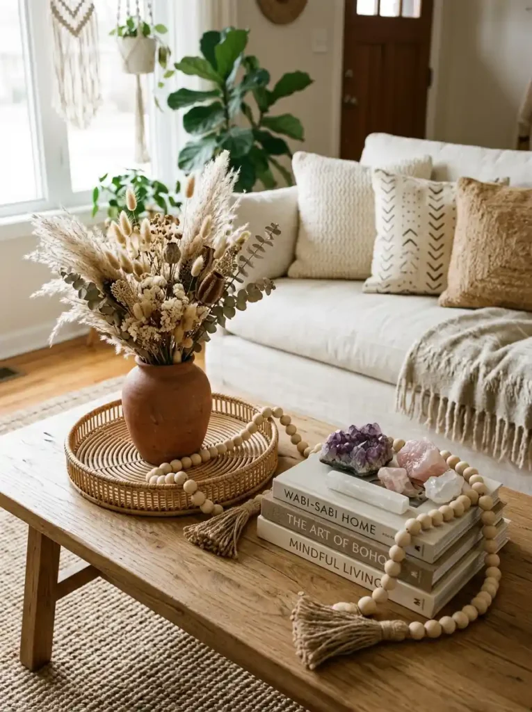 Boho coffee table decor with woven tray, dried flowers, books, and bead garland