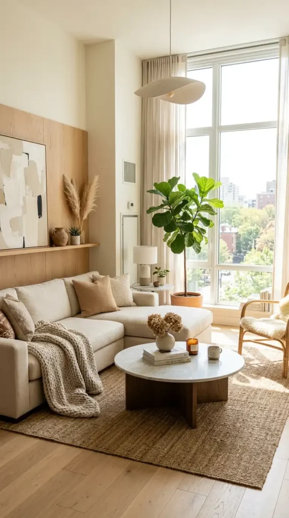 A beautiful living room characterized by neutral colors, tables made from marble, and huge windows