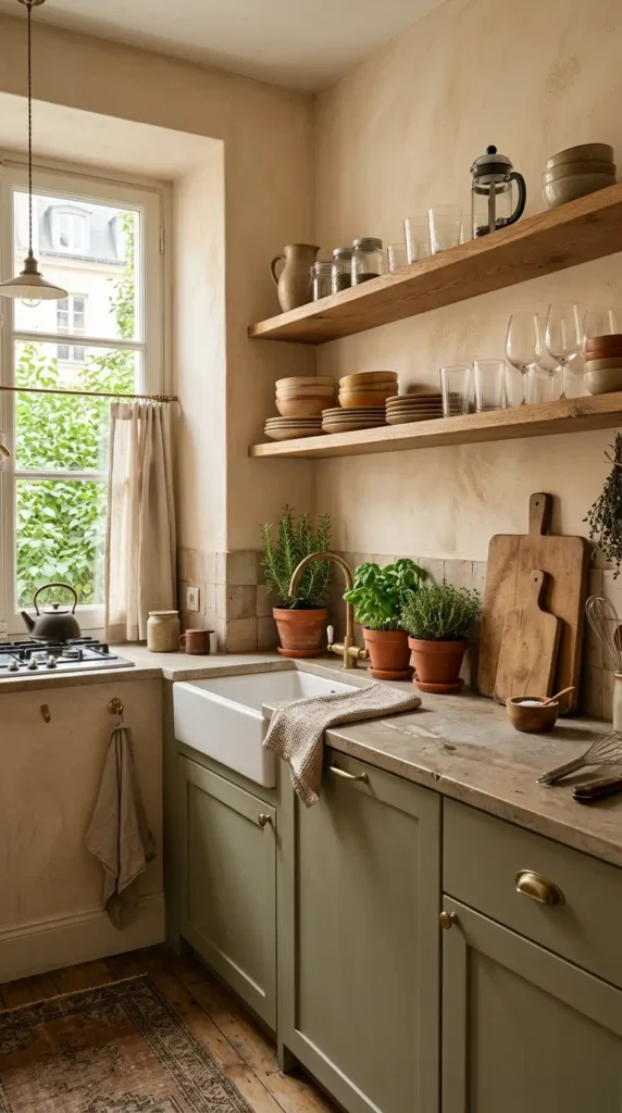 Tiny chic kitchen with open shelves, wooden accents, and lots of light.