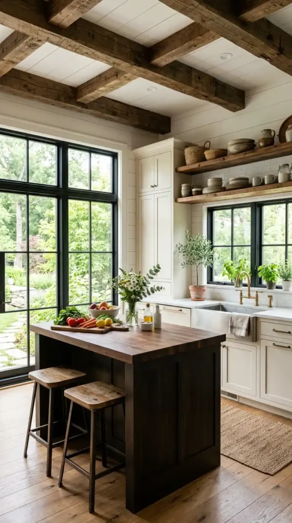 Modern farmhouse kitchen with lots of light, wood beams, and a dark island