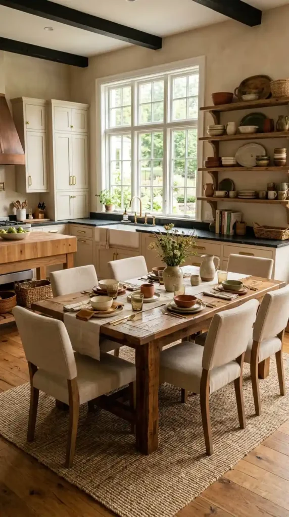 Kitchen with farmhouse style and a wooden dining table