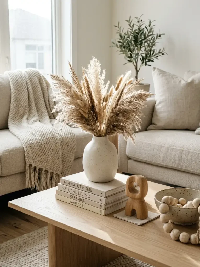 Neutral coffee table decor with pampas grass, books, wood beads, and sculpture