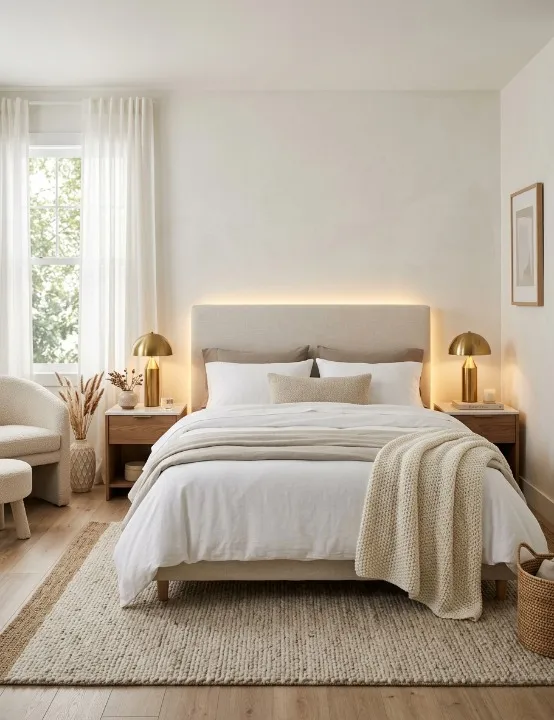 Neutral bedroom design with upholstered bed, soft lighting, and textures

