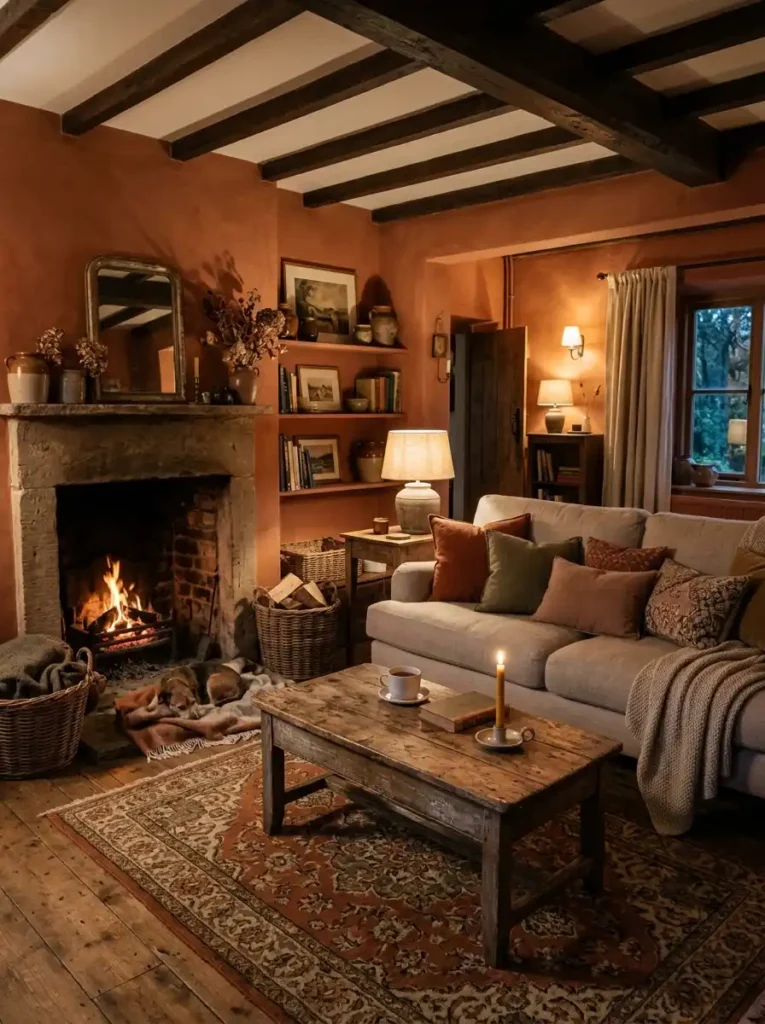 Earthy Cottage Living Room with terracotta walls and warm cozy decor