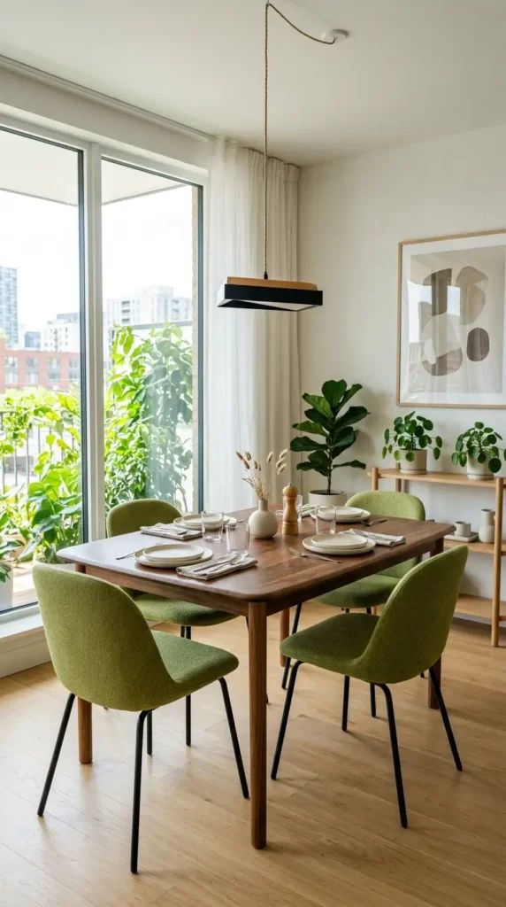 Dining room featuring wasabi green chairs, wooden table, and minimalist interior design