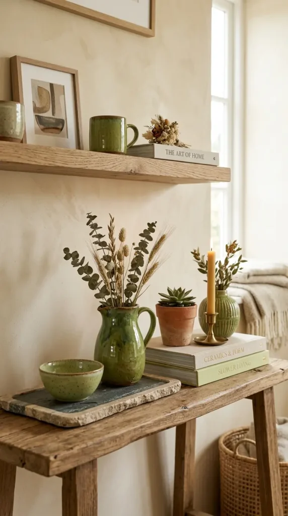 Vignette in wasabi green color scheme, ceramics, and organic materials
