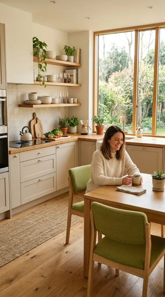 Wasabi green chairs, wooden countertops, and cabinets create a contemporary kitchen setting