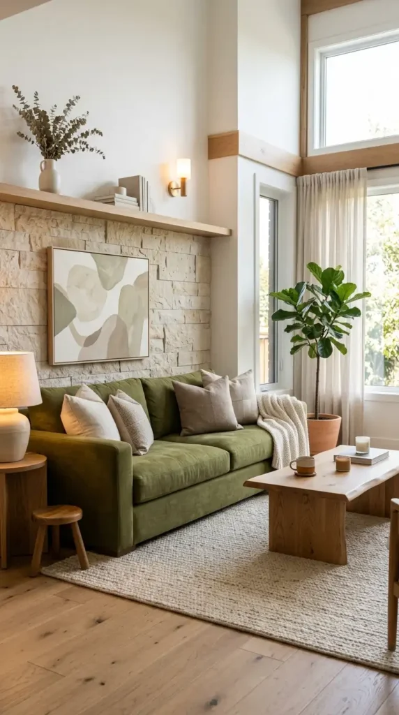 Living room with Wasabi green sofa with neutral pillows and wood finishes