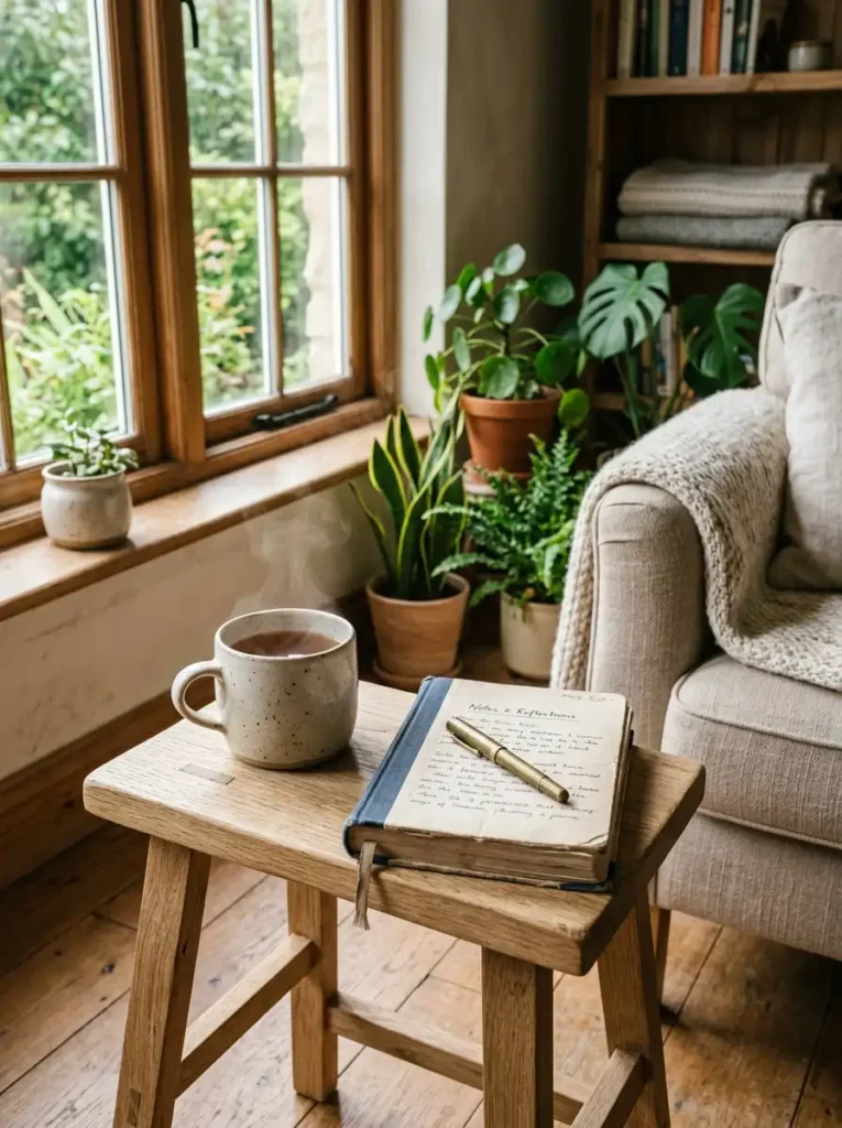 A cozy home corner with a ceramic mug and journal, symbolizing slow living.