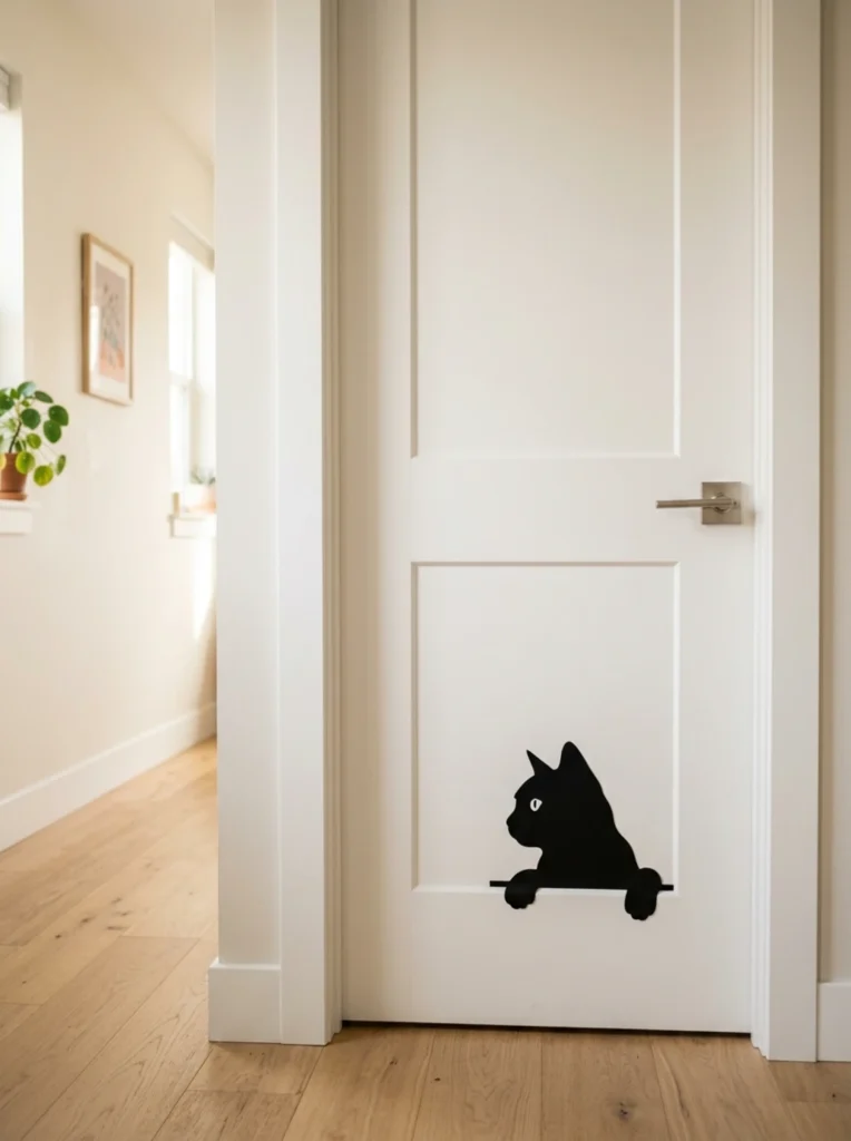 Black cat silhouette door decal on a white interior door for creative home decor