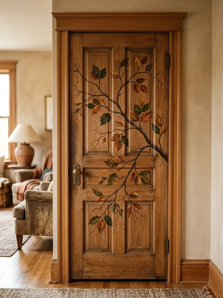 Hand-painted tree branch door painting ideas with leaf patterns on interior wall