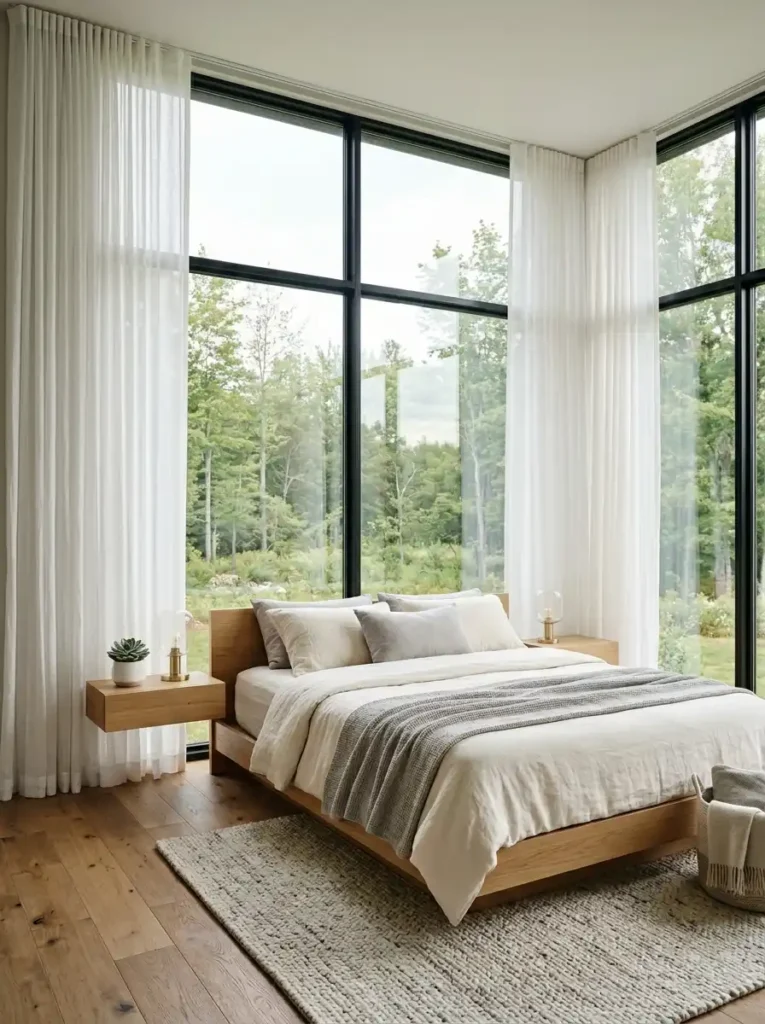 Minimalist bedroom layout planner with window wall.