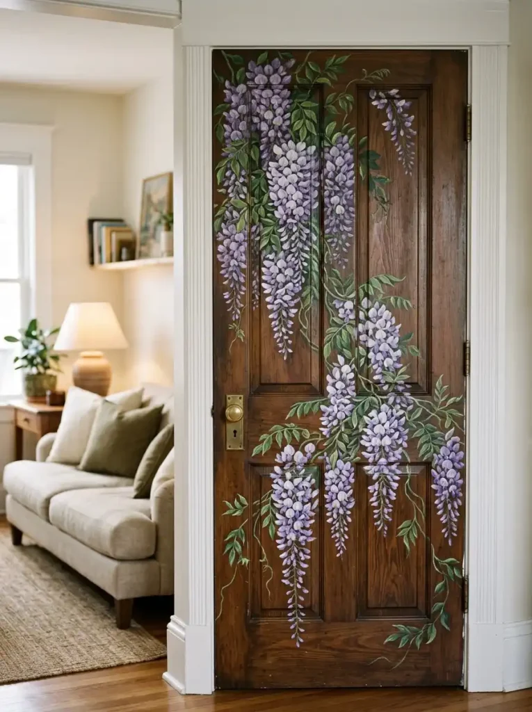 Wisteria mural door painting ideas with purple blooms on interior wall