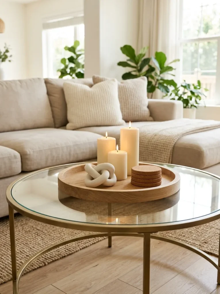 Minimal coffee table with candles, wooden tray, and sculptural decor