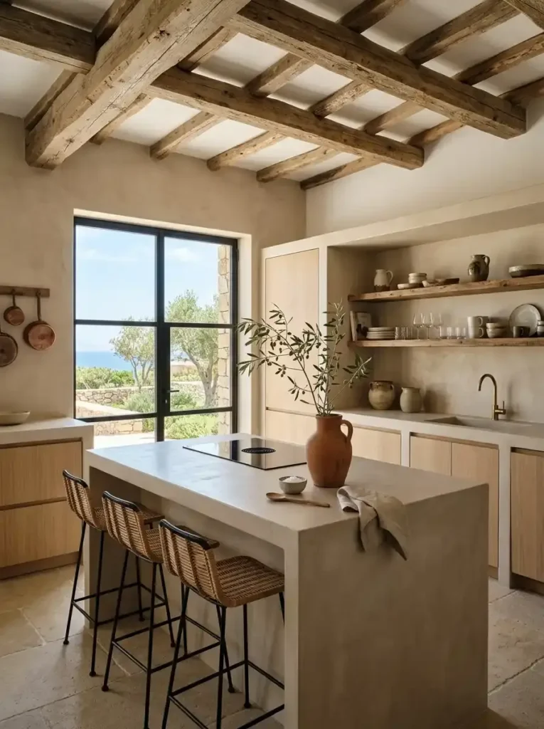 Minimalist Mediterranean kitchen blending rustic wood beams and microcement countertops.