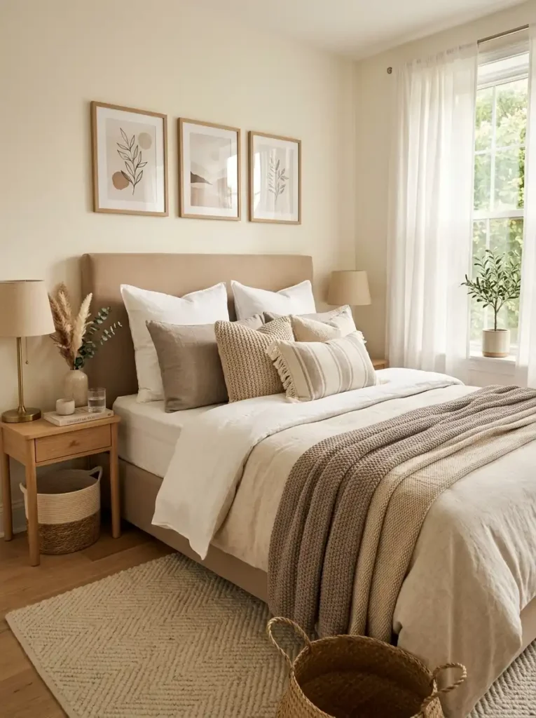 Warm neutral small bedroom with cozy hotel-inspired decor