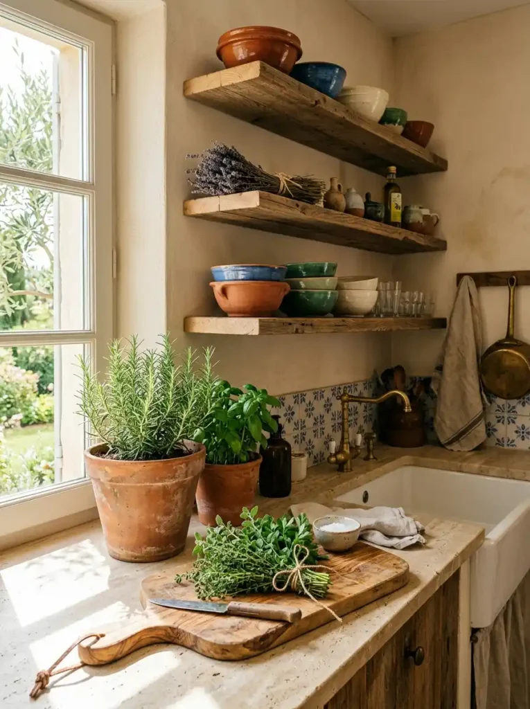 Budget-friendly Mediterranean kitchen styling with terracotta pottery and wooden shelves.
