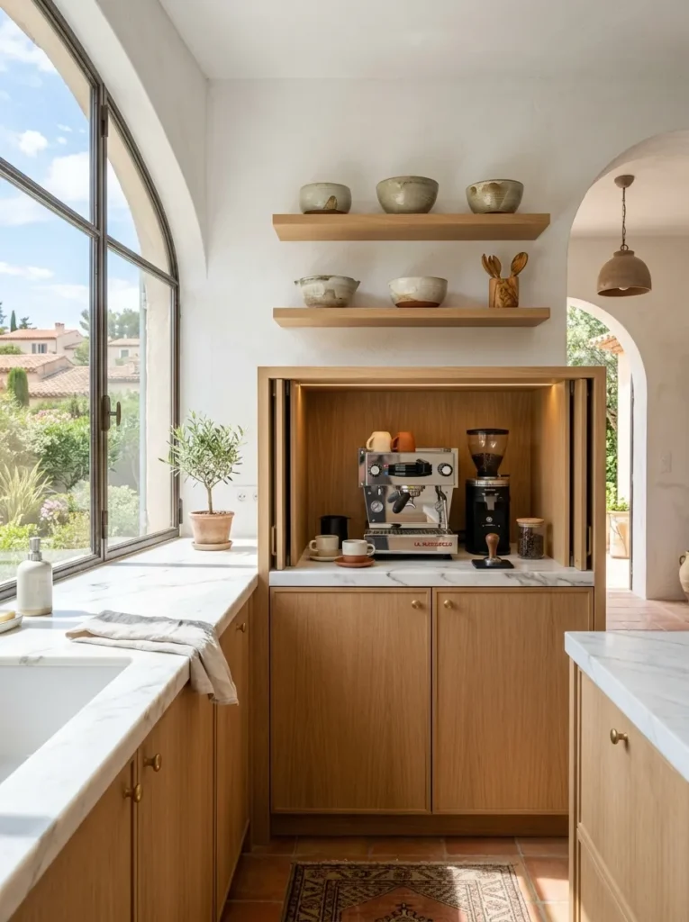 Clutter-free Mediterranean kitchen with hidden storage and marble countertops.