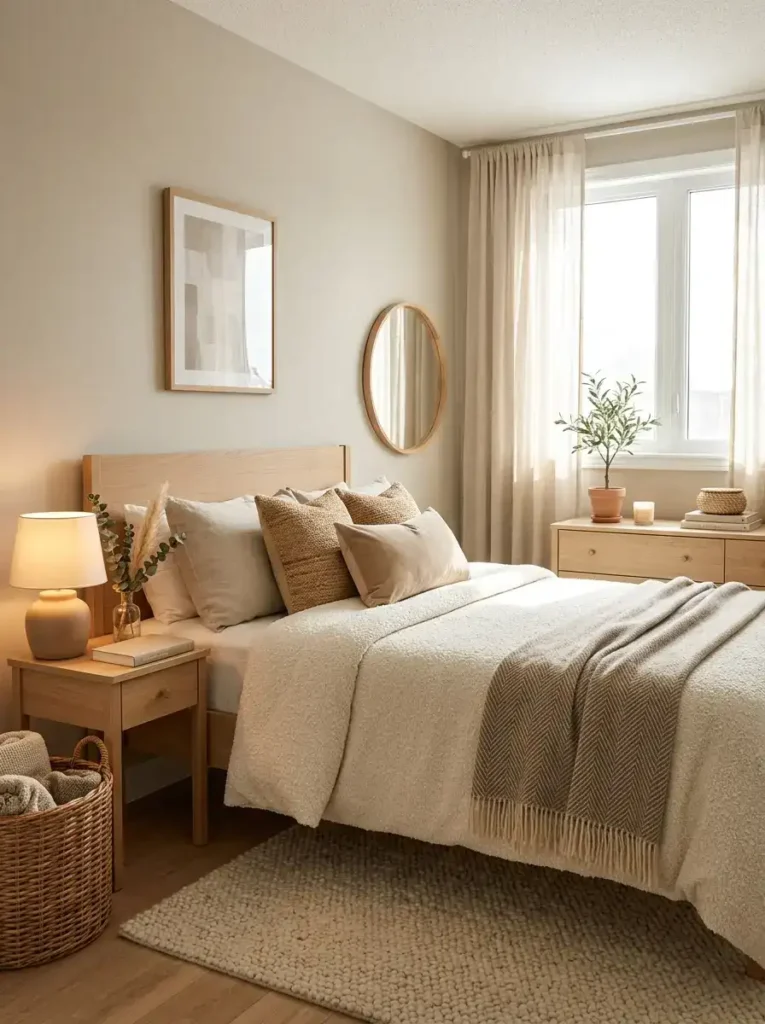 Warm neutral small bedroom ideas with layered textures