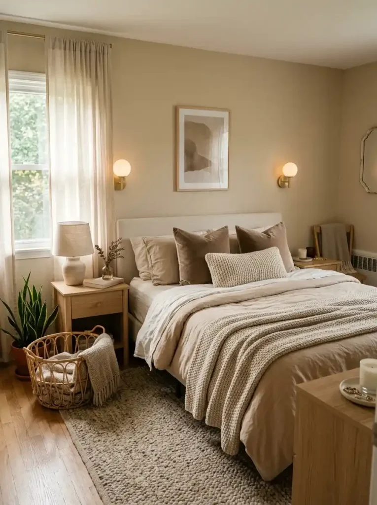 Cozy warm neutral small bedroom with layered textures
