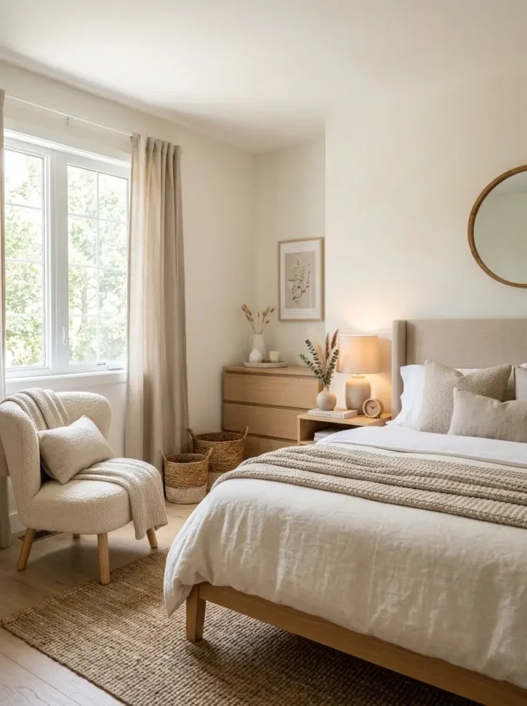 Warm neutral small bedroom with designer-inspired cozy decor