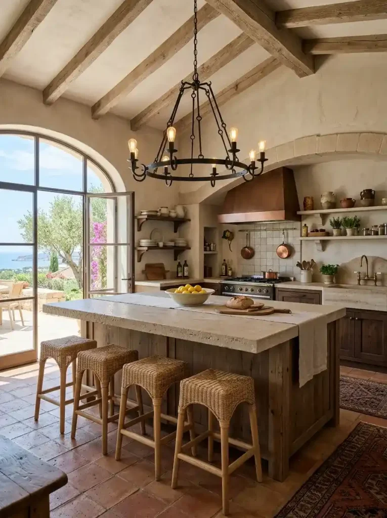 Spacious Mediterranean kitchen island with limestone countertop and rattan stools.