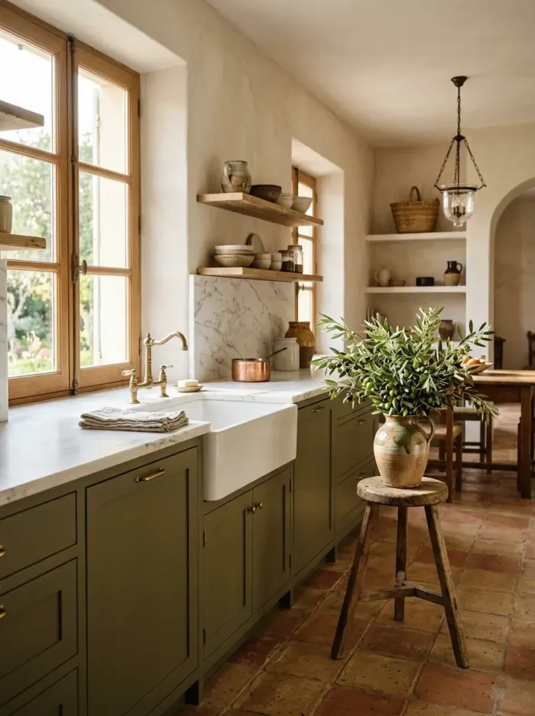 Mediterranean kitchen with alabaster walls, terracotta floors, and olive cabinetry.