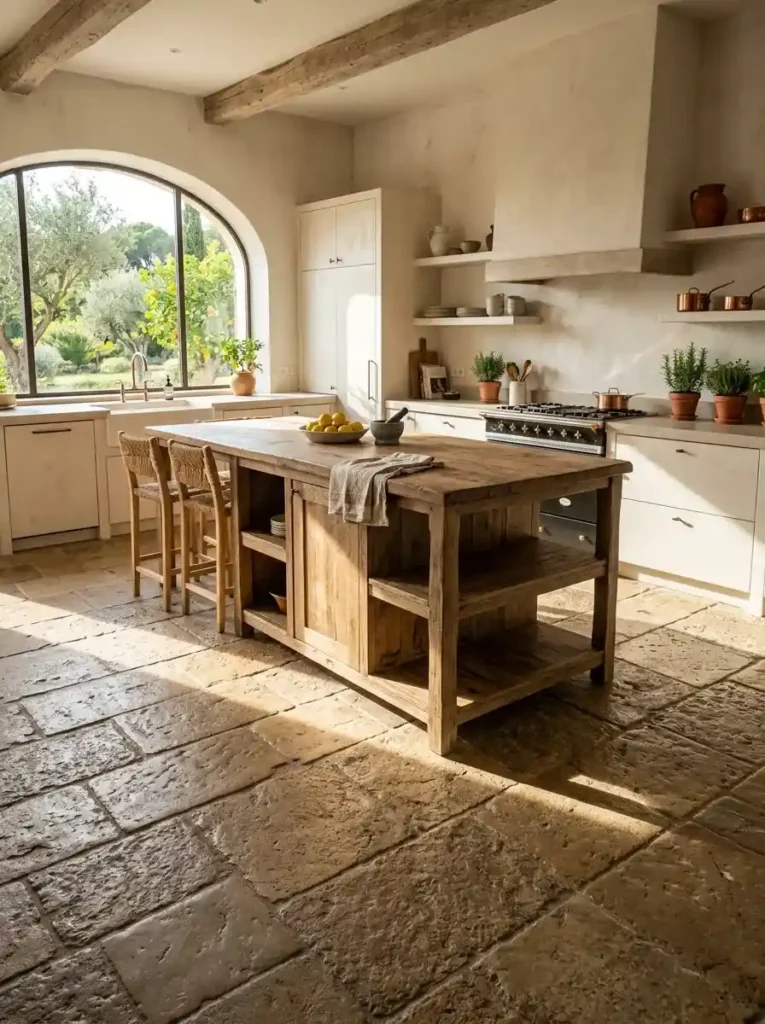 Mediterranean kitchen featuring rustic reclaimed flagstone flooring and bright lighting.