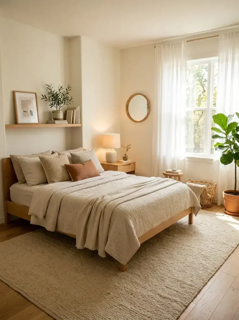 Warm neutral small bedroom with oversized area rug