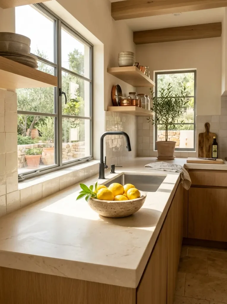 Honed quartz countertop in a minimalist modern Mediterranean kitchen.