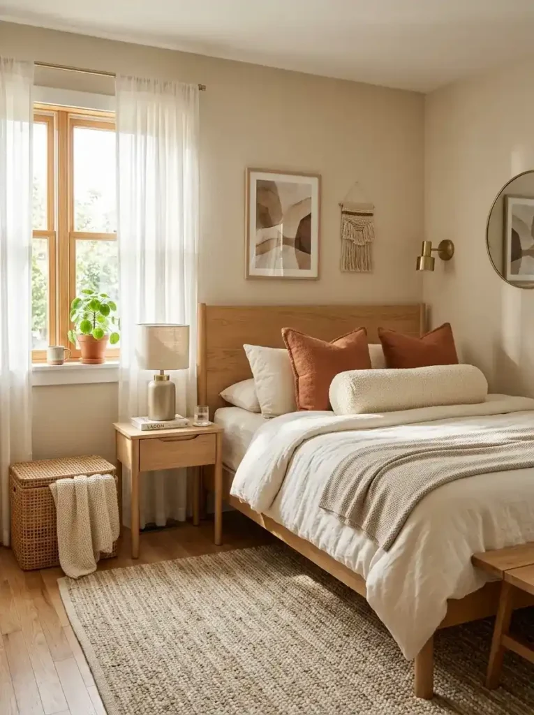 Warm neutral small bedroom with layered earthy tones