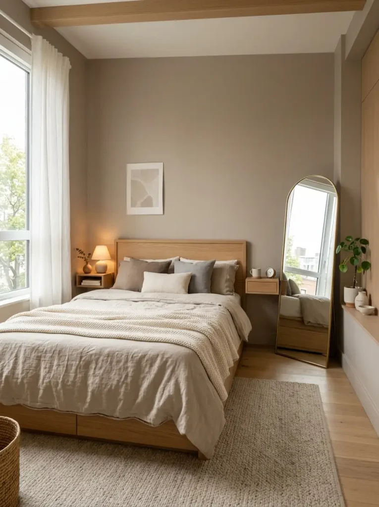 Warm neutral small bedroom with clutter-free styling