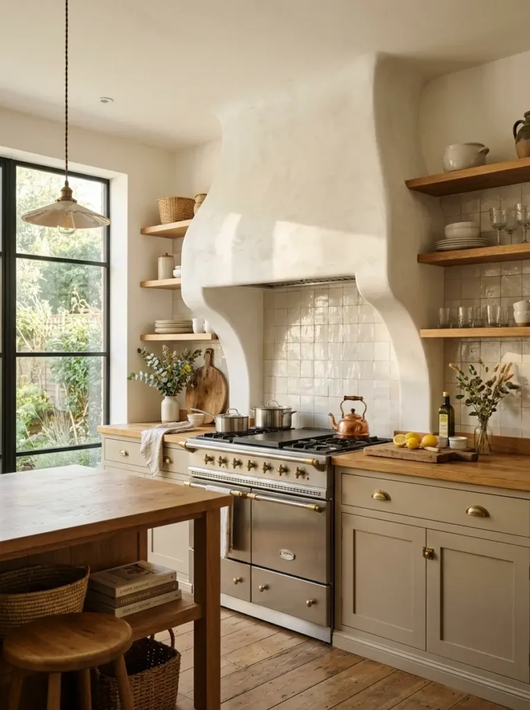 Sculpted plaster range hood in a bright Mediterranean kitchen.